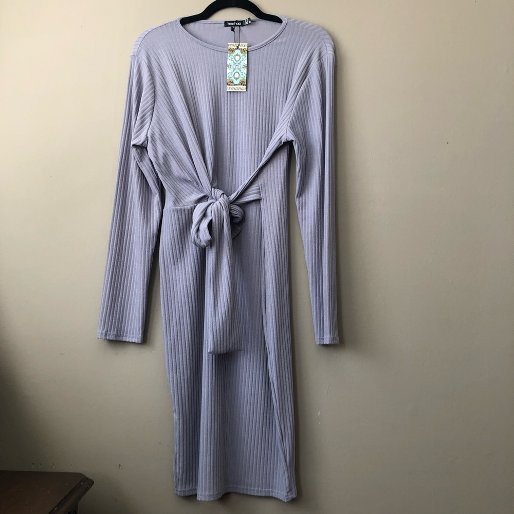 boohoo Plus Rib Long Sleeve Tie Detail Grey Pastel Purple Midi Dress NWT